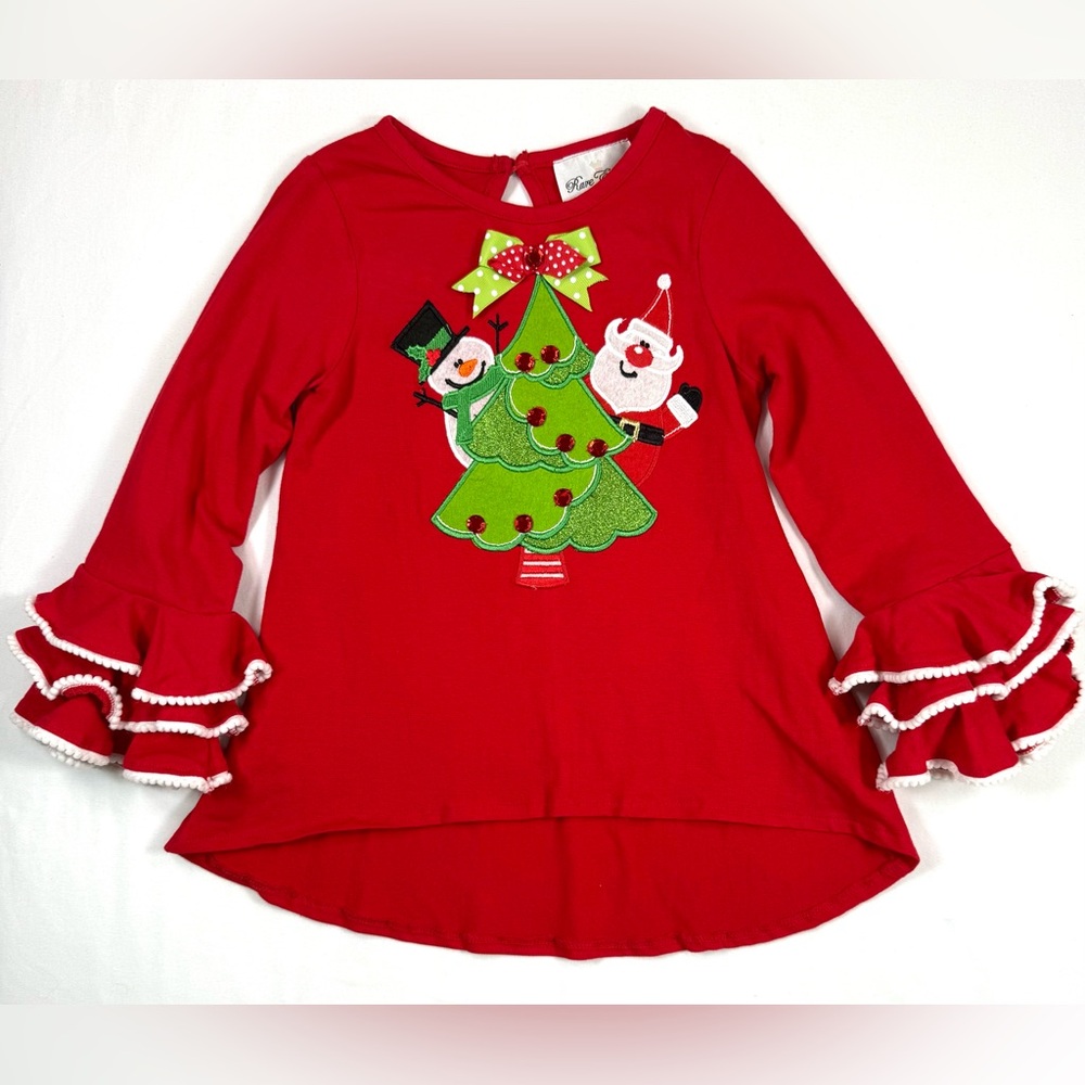 RARE‎ EDITIONS Girls Christmas Tree Santa Snowman Ruffle Sleeve Top 6 Bow Cute